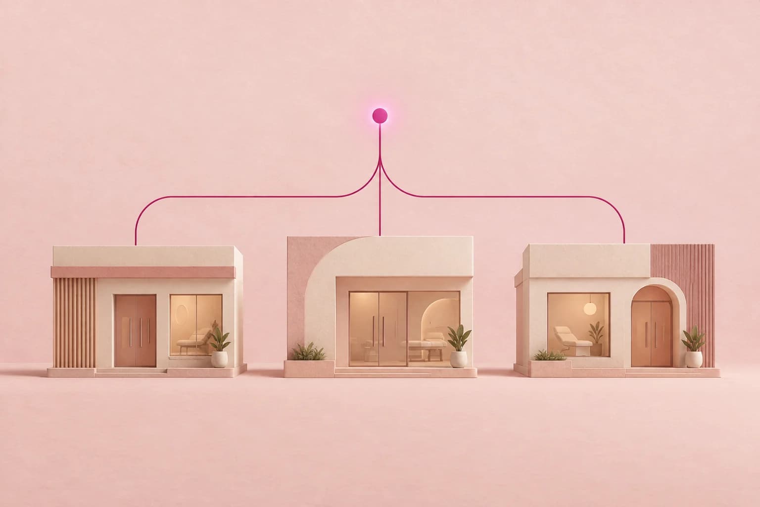 Três fachadas de clínica ligadas por uma linha magenta que converge num único ponto
