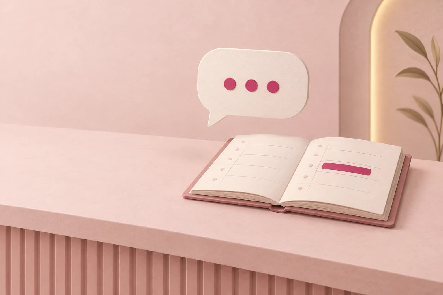 Balão de conversa flutuando sobre uma agenda de papel com um horário marcado em magenta